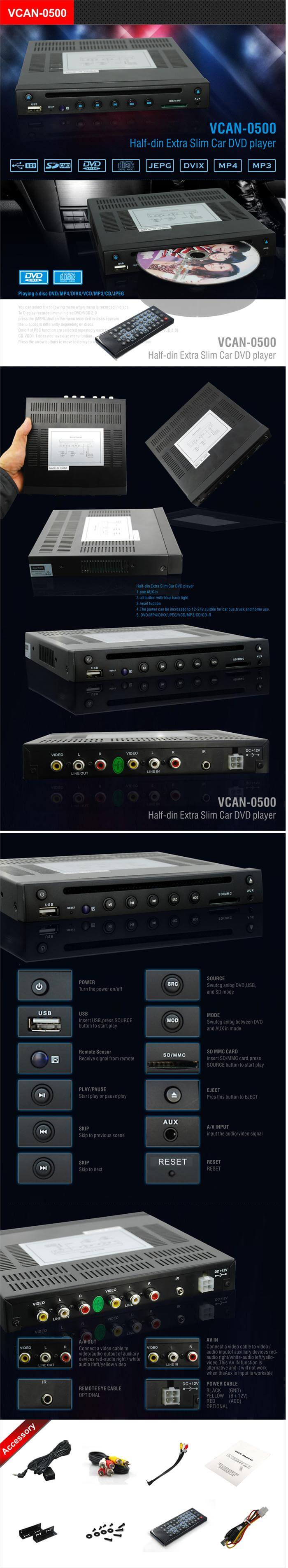 La mitad Din reproductor de DVD extra delgado para el uso del cocheim fodear usVCAN0500n 1/2 VCAN0500 6 Half Din DVD player