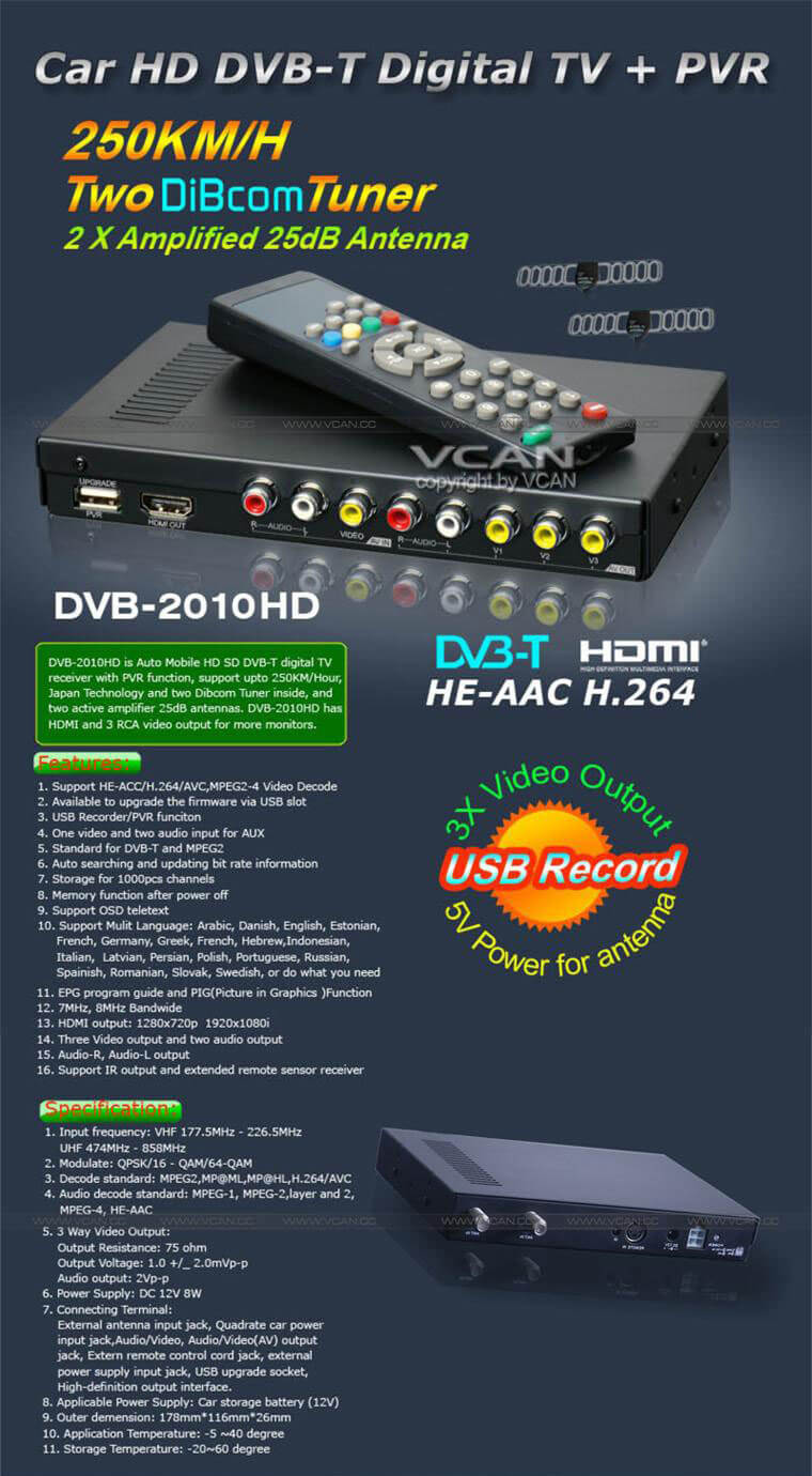 Car DVB-T Receiver MPEG4 tuner diversity antenna Booster