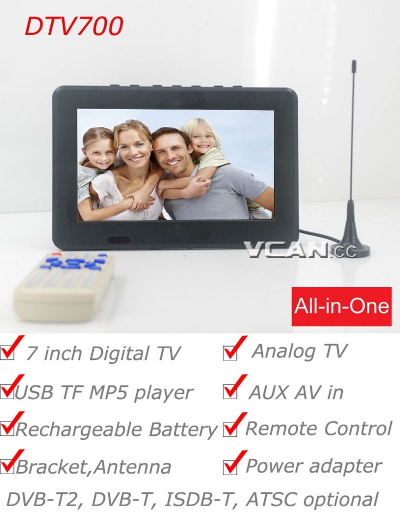7 DVB-T2 7 inch Digital TV monitor Analog TV USB TF MP5 player AV in Rechargeable Battery 20