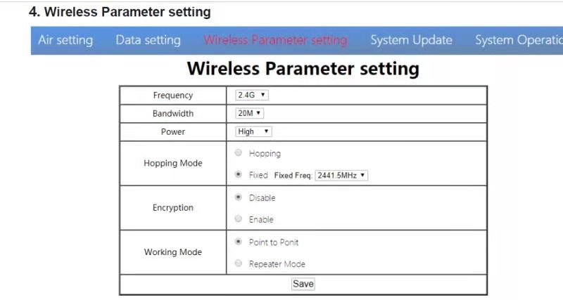 wireless video transmitter support to change frequency parameter setting