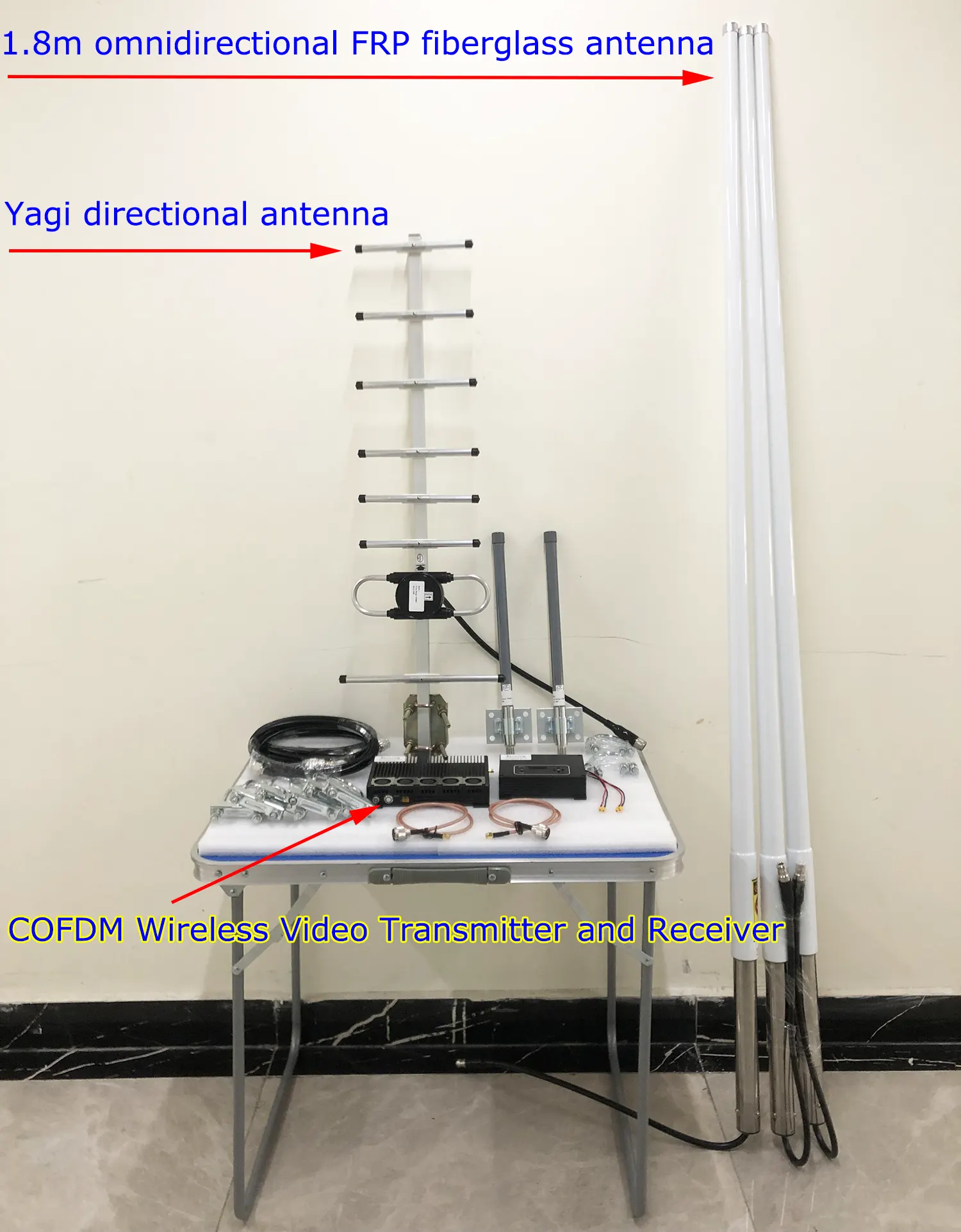 COFDM Wireless Video Transmitter and Receiver with 1.8 meter omnidirectional FRP antenna Yagi directional antenna