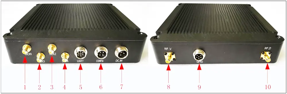 Επίγειο ρομπότ αμφίδρομης ασύρματης μετάδοσης δεδομένων βίντεο δέκτης ήχου τεσσάρων καναλιών είσοδος SDI 2W PA με δέκτηπότ εδάφουςfour channel SDI input 2W PA with receiver 12 Ground robot two-way wireless data video audio transmitter connector