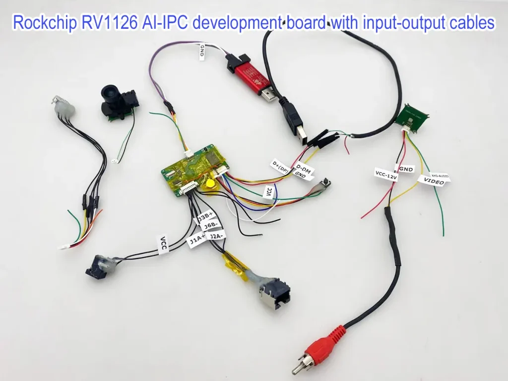 Rockchip RV1126 AI-IPC development board with input-output cables  
