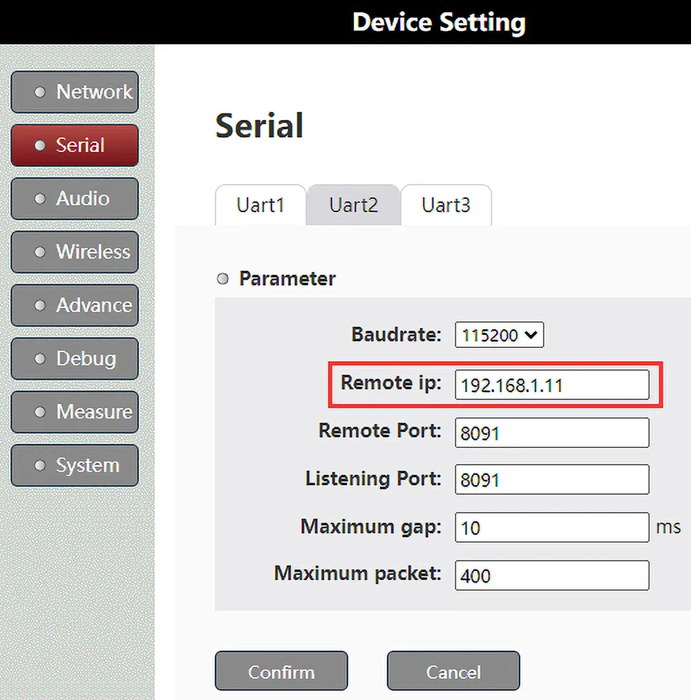 UART2 parameter setting of tx900 wireless video data transceiver transmitter and receiver