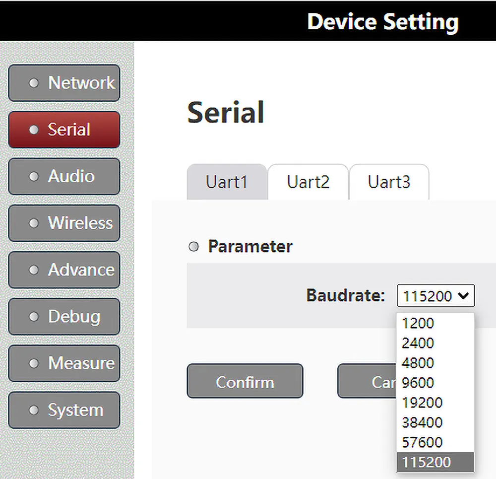 baudrate setting of the wireless video data transceiver